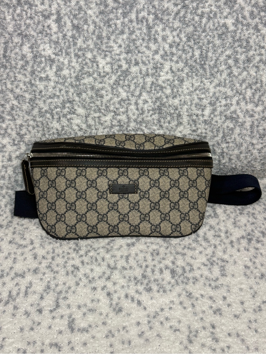 Gucci Brown/Tan Gg Canvas Belt Bag With Navy Strap